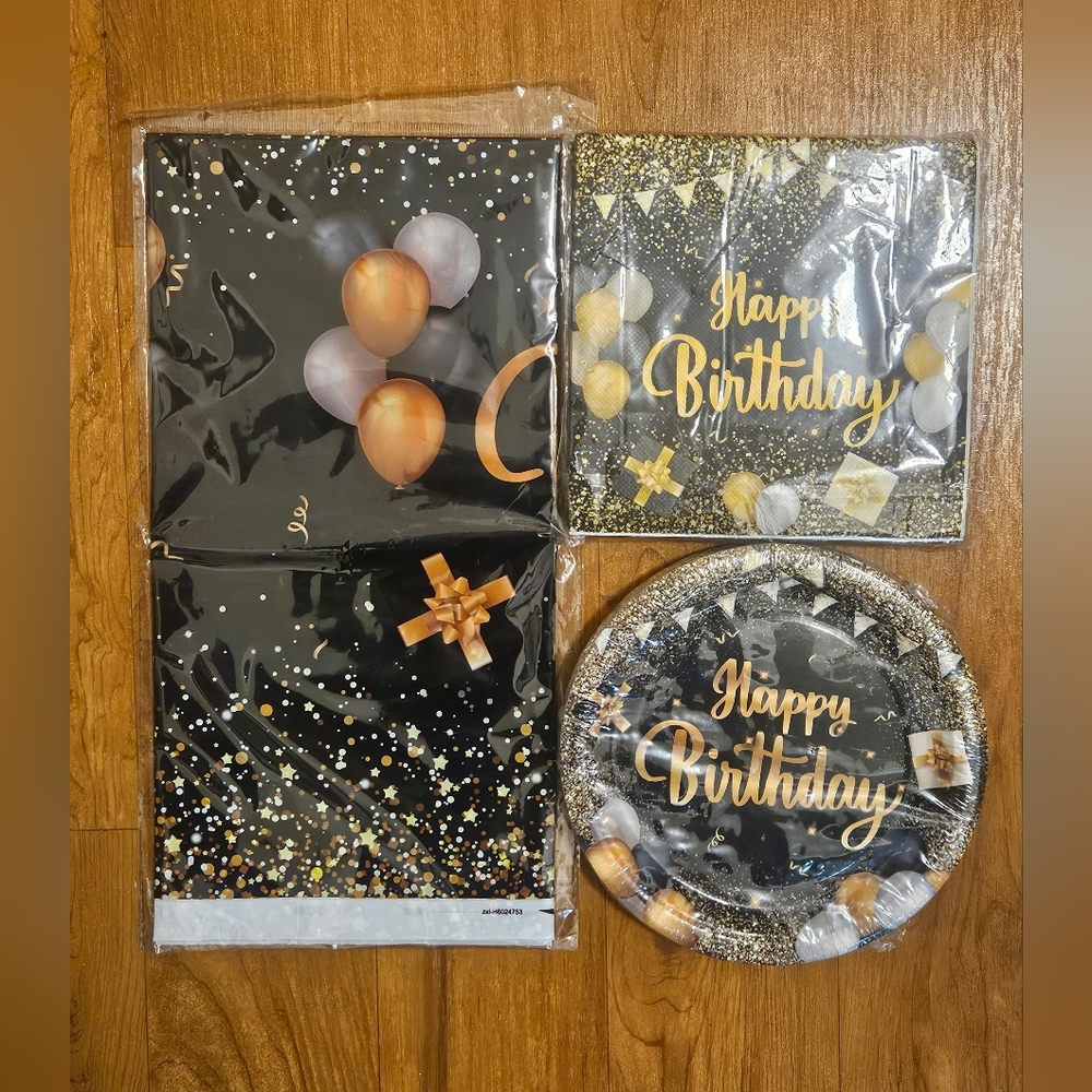 Happy Birthday Party Supplies Set - Black and Gold